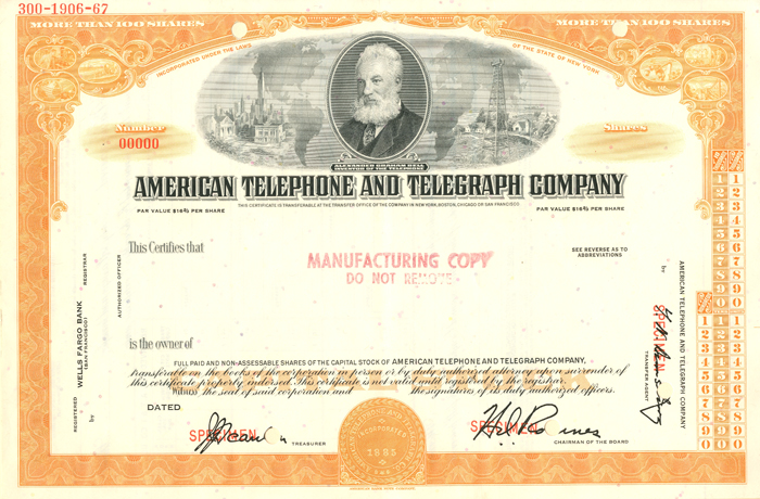 American Telephone and Telegraph Co. - Specimen Stock Certificate